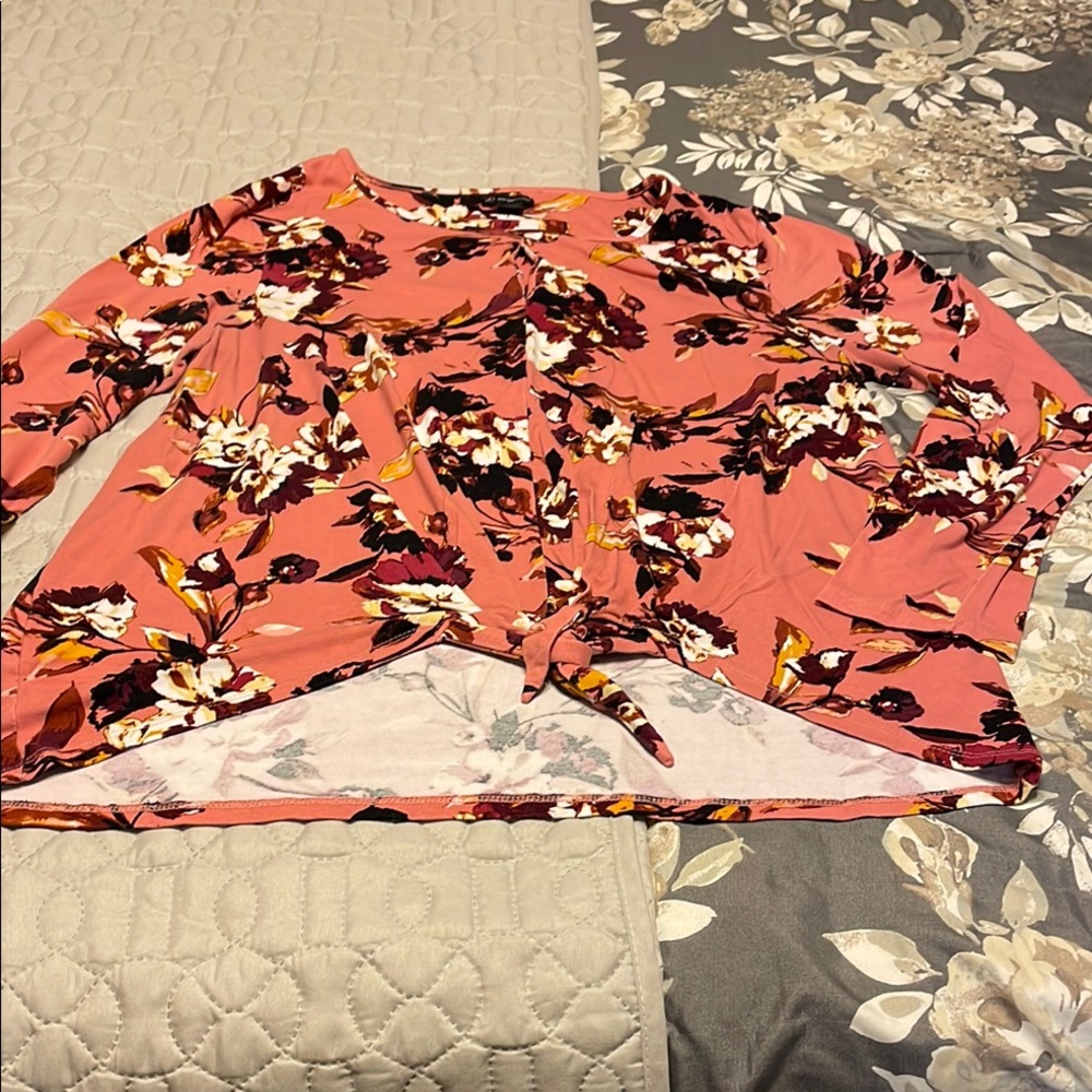 New Directions Coral Floral Tie-Front Blouse
